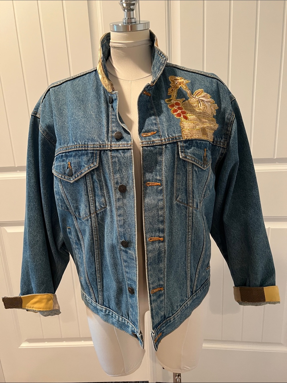 Women's Blue Denim Jacket with Gold Floral Embroidery